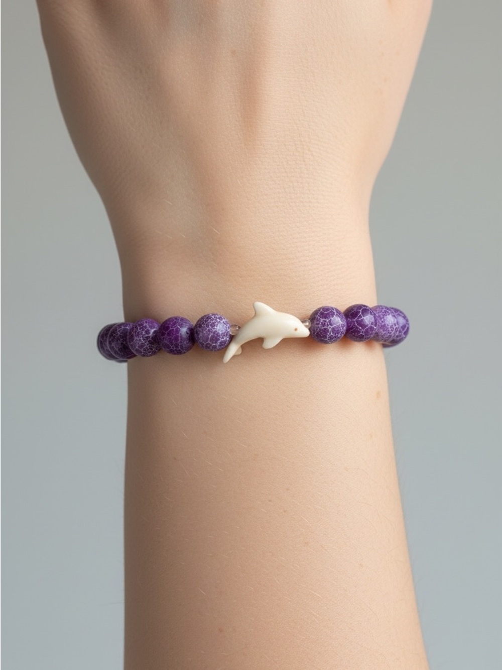 9/20 Dolphin Charm Purple Beaded Stretch Bracelet